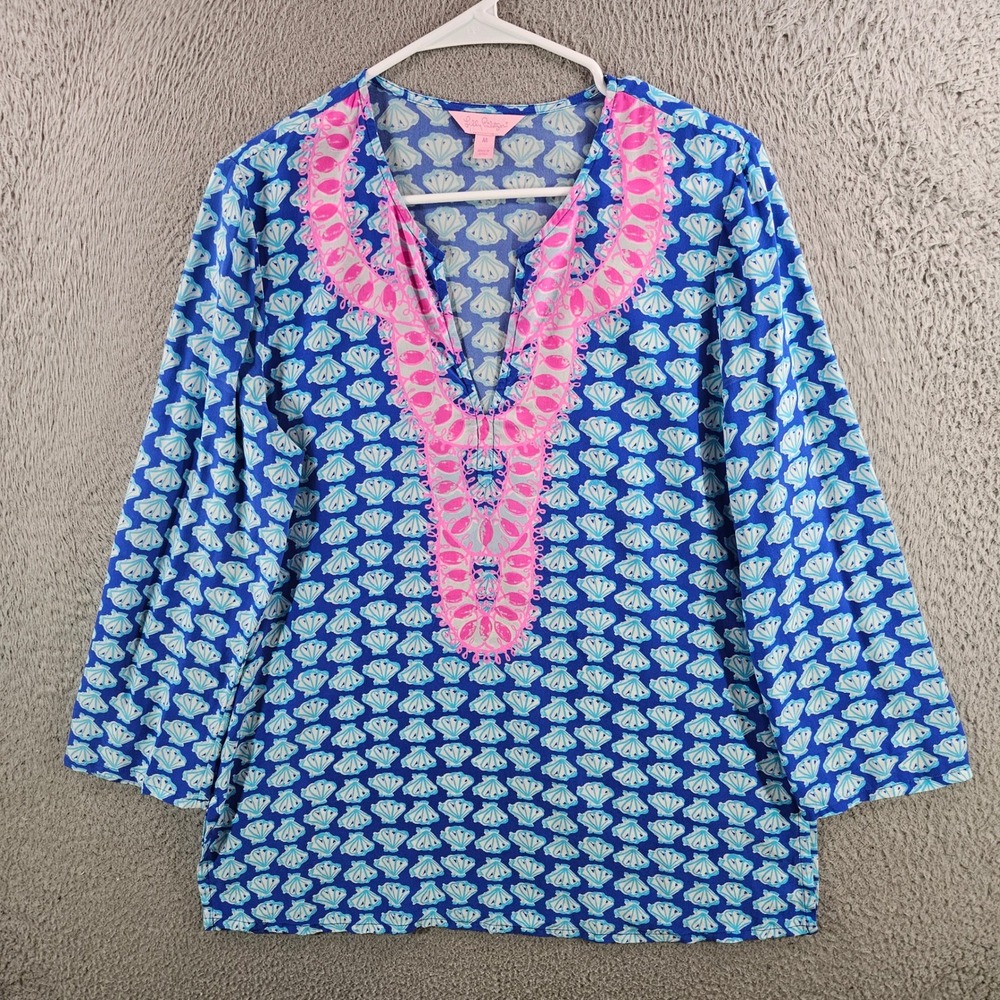 Lilly Pulitzer Womens Blue Pink Seashell Silk Tunic Top Embroidered V-Neck M